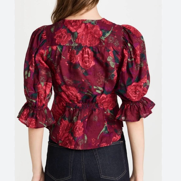 Free People I Found You Puff Sleeve Top Size Medium Dark Academia Moody Floral - Picture 10 of 13